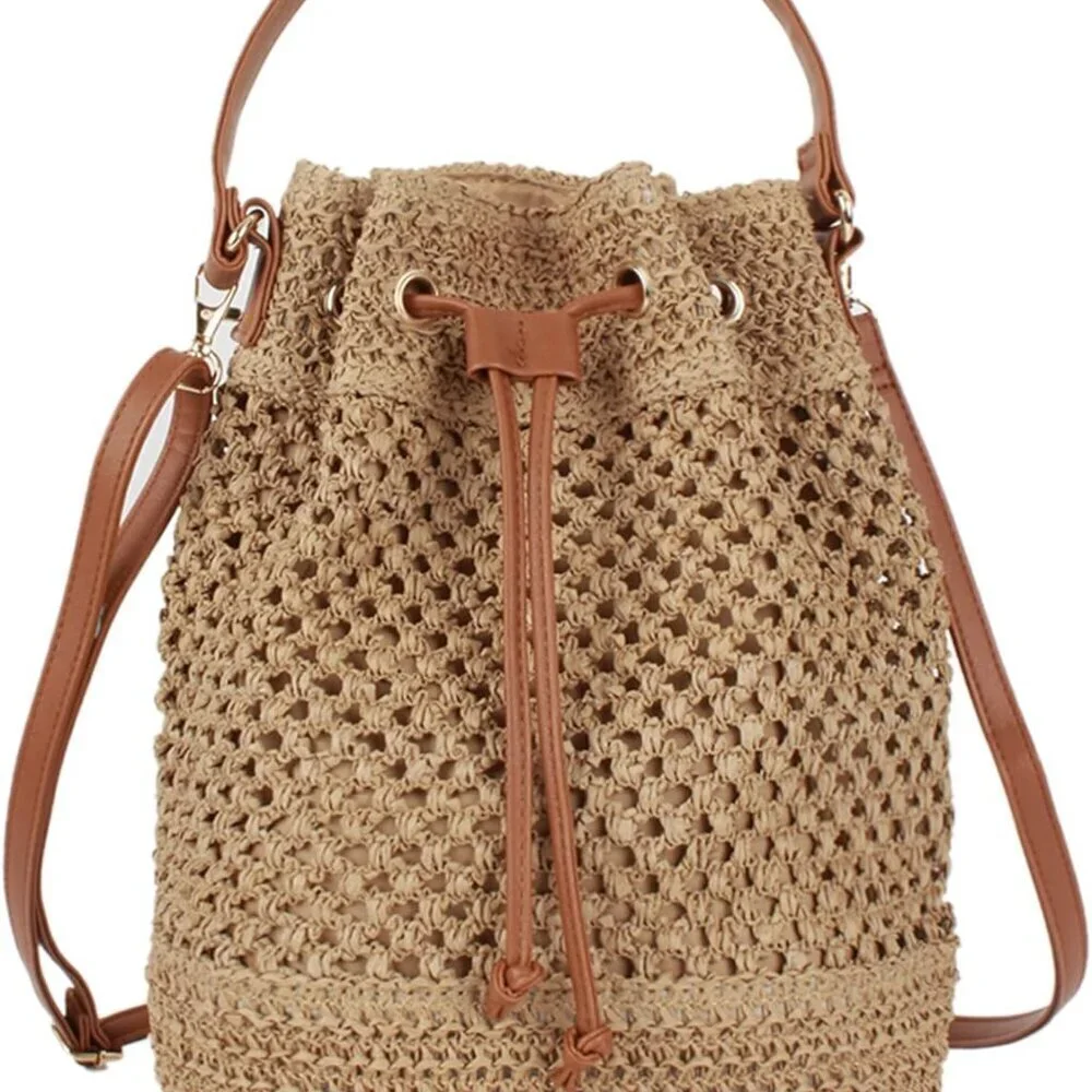 Straw Weave Small Drawstring Shoulder Bag Beach Purse Handbag for Women
